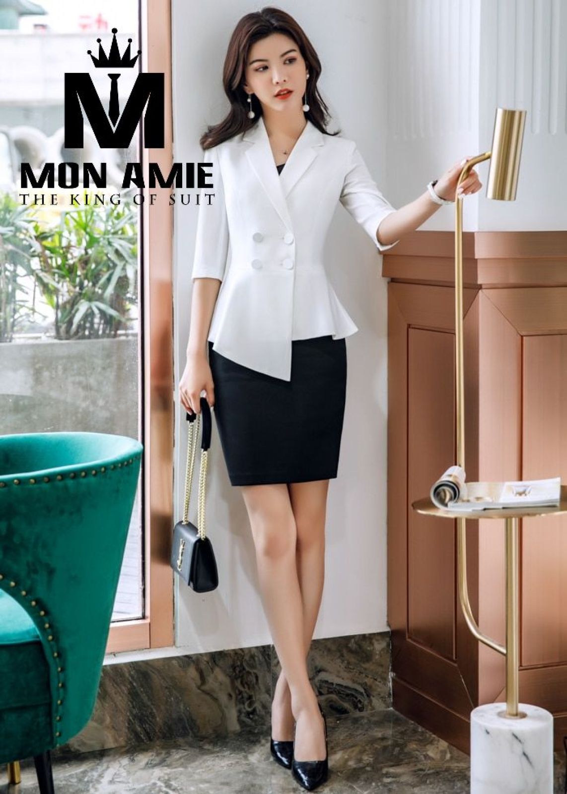 White Assymetrical Notch Lapels Suit With Tulip Skirt 